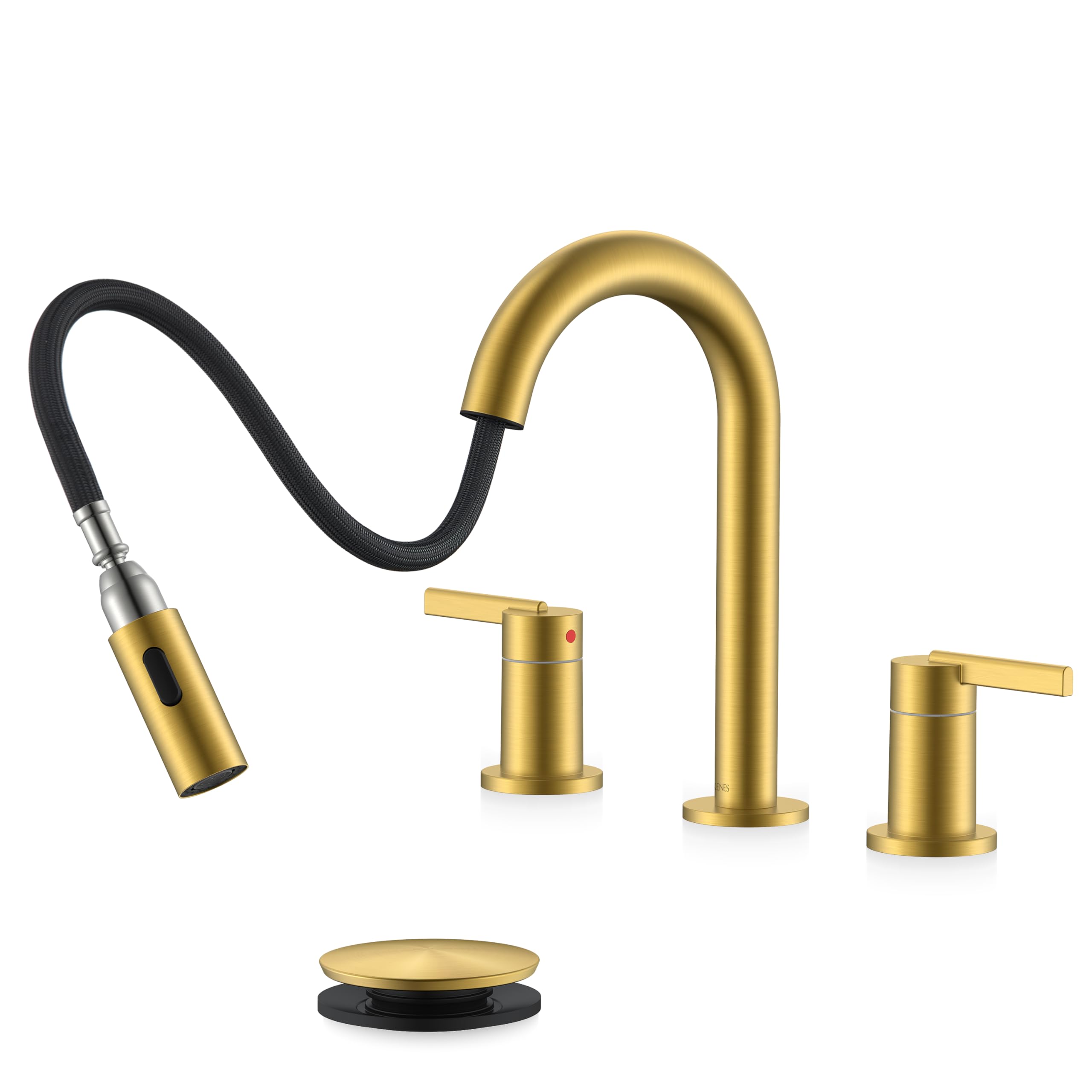 KENES Brushed Gold Pull Out Bathroom Faucet, 8 Inch 2 Handle